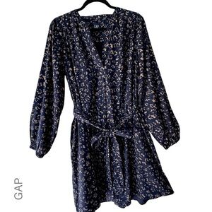 GAP | NWOT LONG SLEEVE SPLIT NECK NAVY BLUE ANIMAL PRINT DRESS | SIZE: LARGE